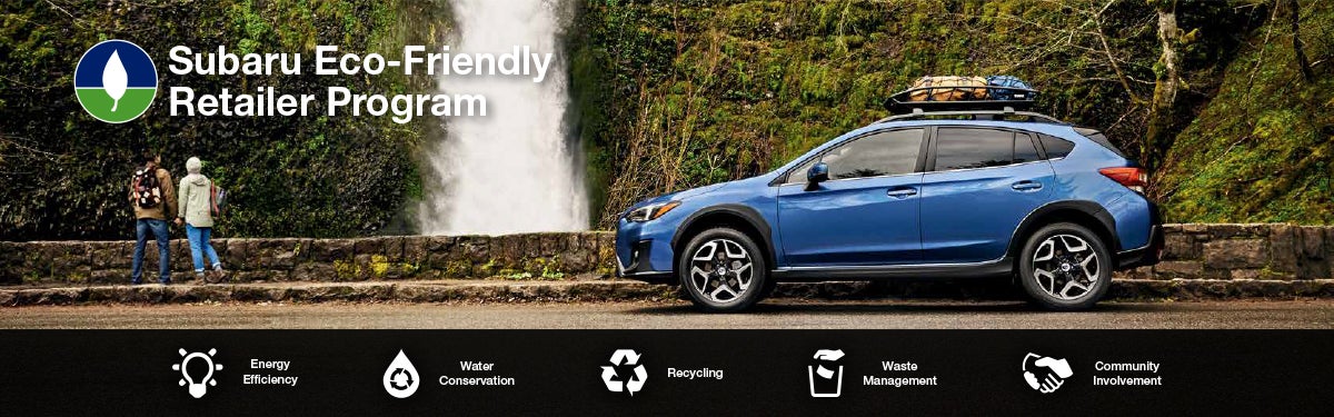 The Subaru Eco-Friendly Retailer Program logo with a blue Subaru and eco icons at bottom. | River City Subaru in Huntington WV