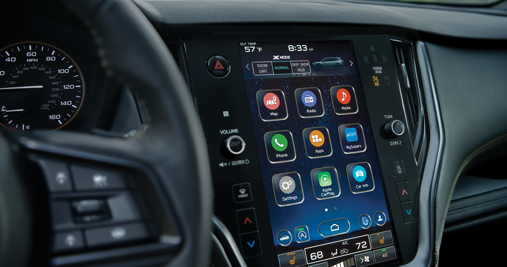 A close-up of the 11.6-inch touchscreen for the STARLINK Multimedia system on the 2023 Outback Wilderness. | River City Subaru in Huntington WV